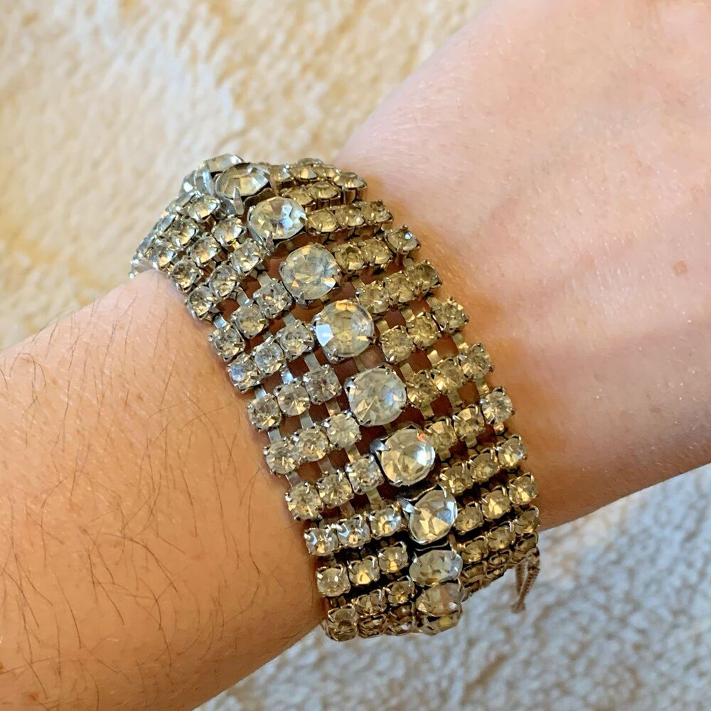 Vintage Silver Tone Rhinestone Bracelet Safety Clasp Multi-Row Sparkle Bling